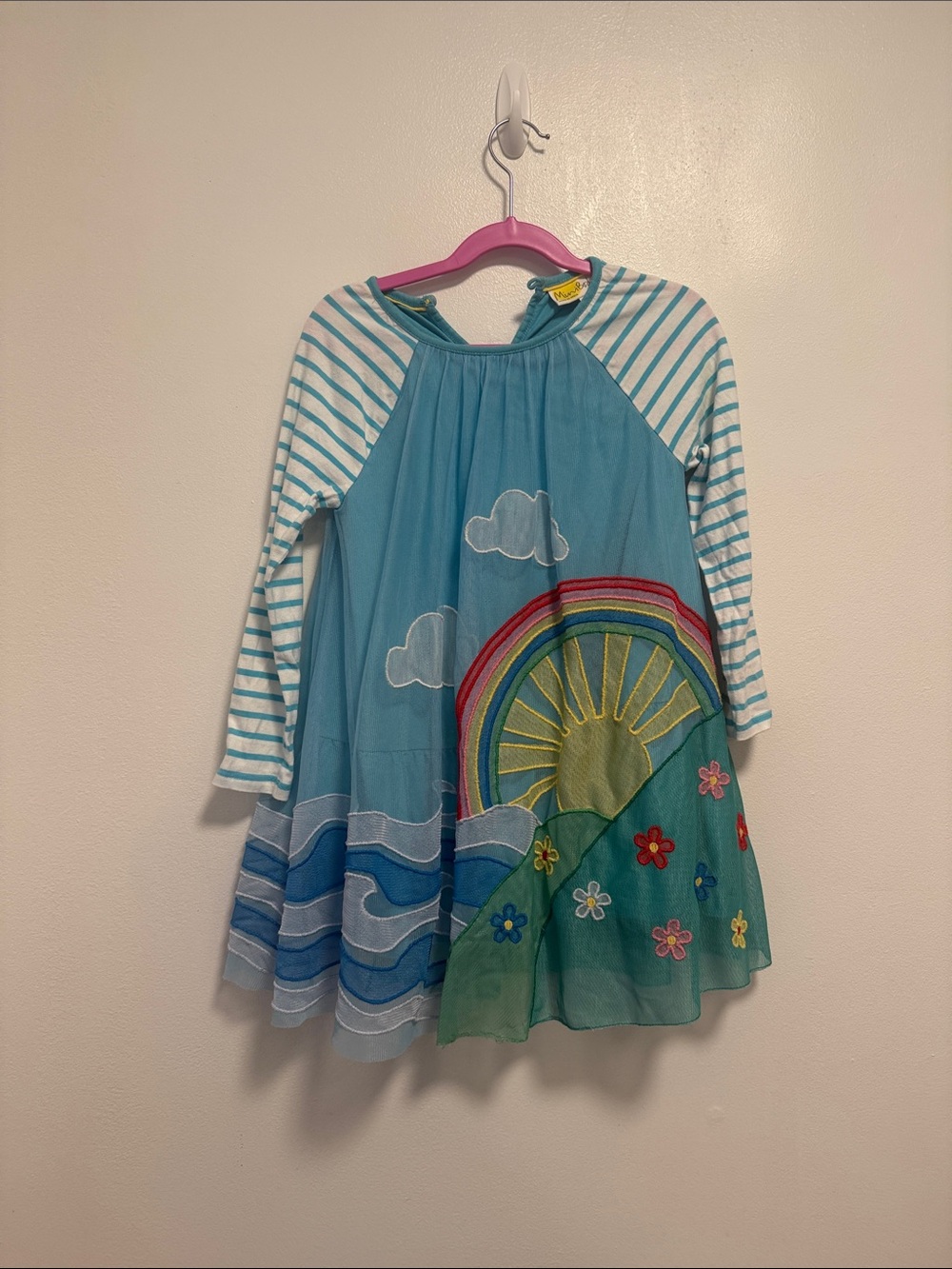 Mini Boden Teal Rainbow & Sun Long Sleeve Dress